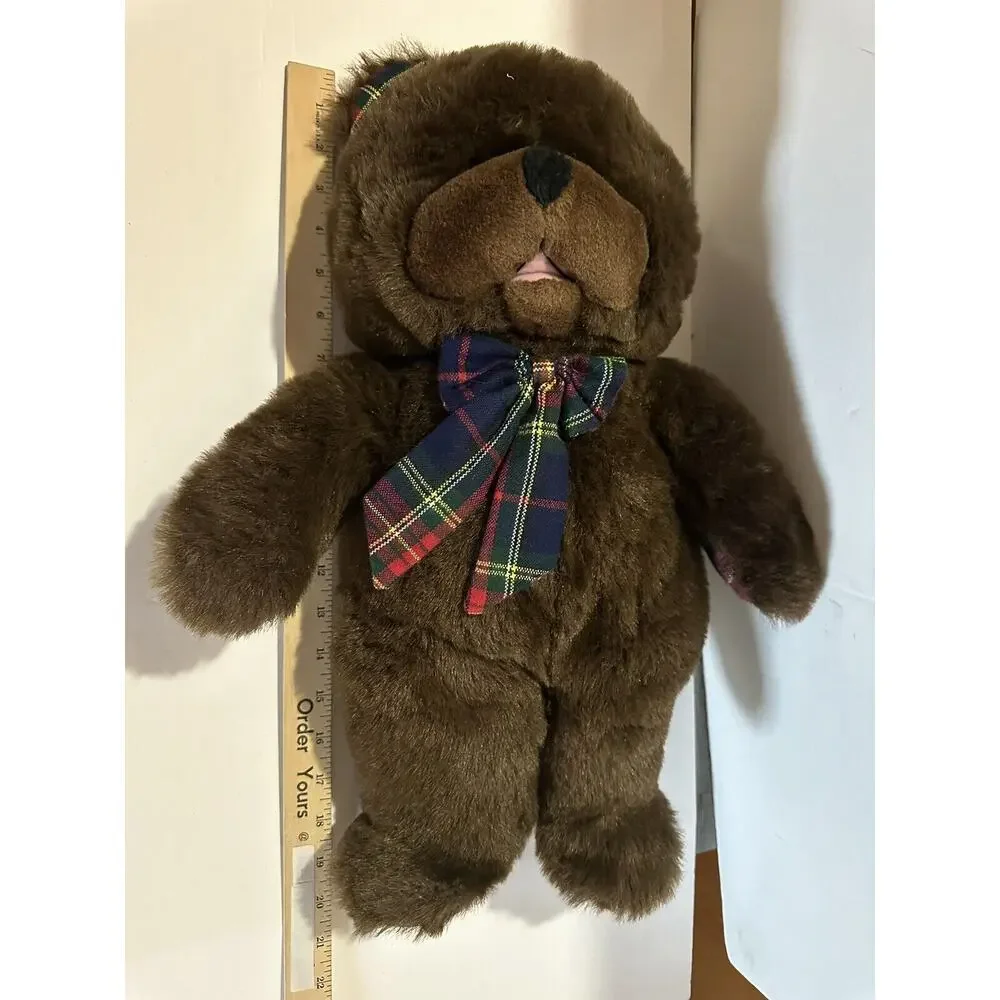 ToyORama vintage teddy bear brown Plush Stuffed Animal checkered bowl & paws 21”